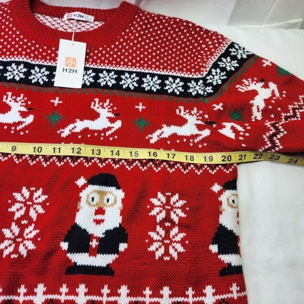 H2H Christmas Sweater Mens Large Red Santa Reindeer Snowflake Festive Knit